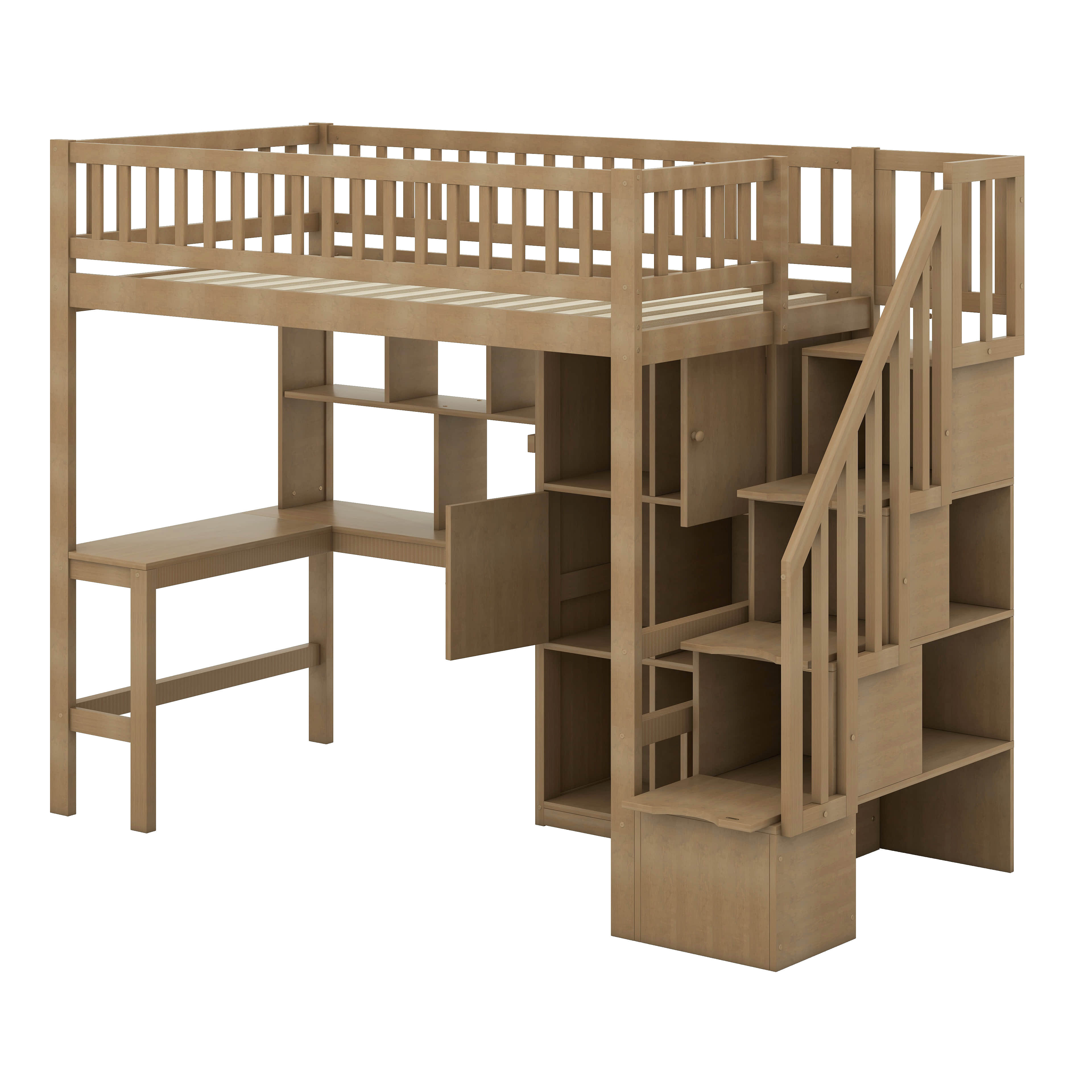 Latitude Run® Twin Size Loft Bed With Desk & Stairs, Wood Loft Bed With ...