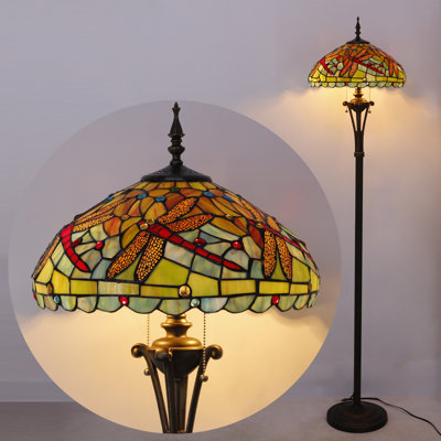 Tiffany Floor Lamp Green Red Stained Glass Dragonfly Standing Reading Light 16X16X70 Inches Antique Pole Corner Lamp Decor Bedroom Office Living Room