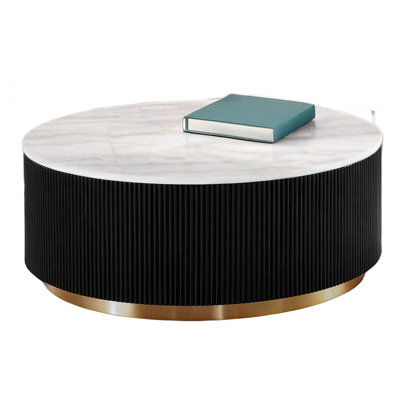 Table basse Viren, accents dorés, plateau en marbre, piètement cannelé noir, 89 cm