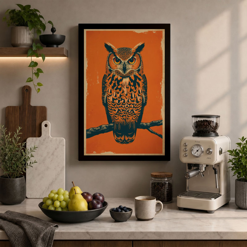 Centered Owl Mid-Century - Wrapped Canvas, 18x12 - 45.7 x 30.5 cm, Teal Border
