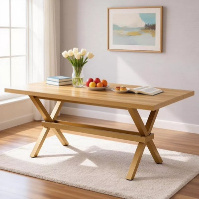 Modern Minimalist Dining Table Features Wooden And Light Wood MDF Spliced Tabletop With Metal X-Shaped Support Frame, Comfortably Accommodating Six To Eight People For Dining.