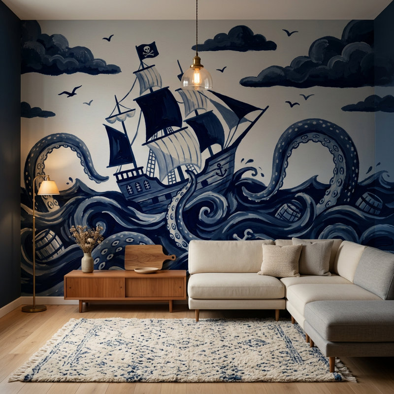 Papier peint bateau pirate foncé nautique amovible Kraken Octopus tentacus, 120 po x 96 po, Peler et coller