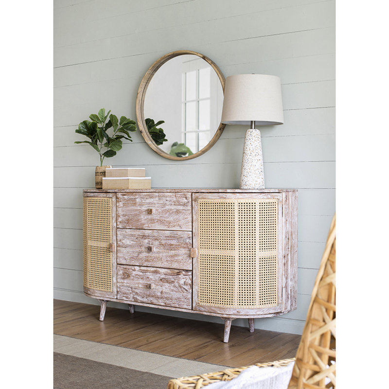 Meuble audio-vidéo de 57 po de long avec portes en canne pour salon et console moderne