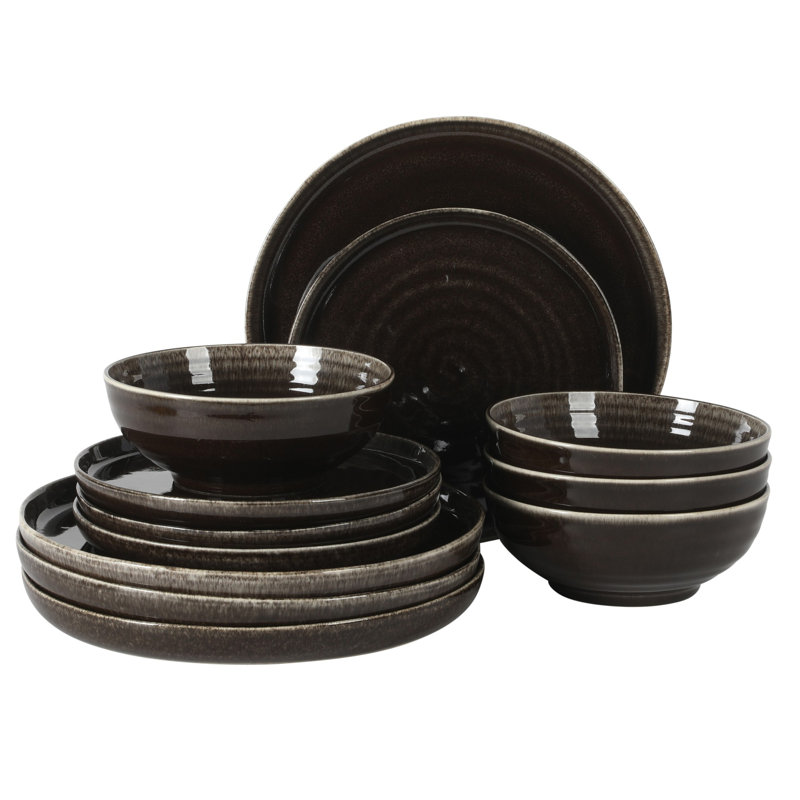Ensembles d'assiettes et de bols Gibson Elite Eclipse Swirls, ensembles de vaisselle en grès 12 pièces, ensemble de vaisselle en glacis réactif - noir