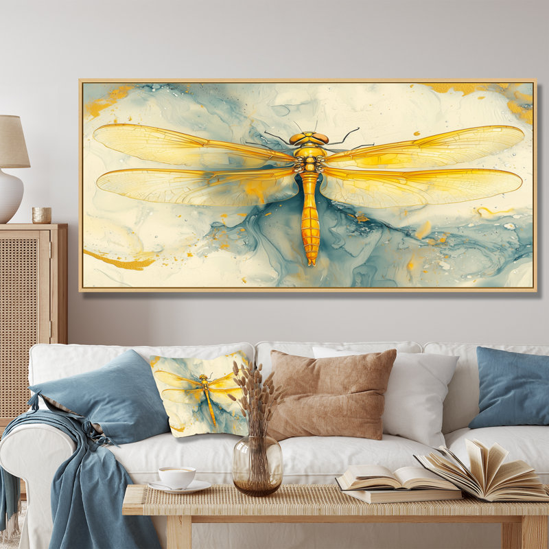 Mouche libellule jaune, vol d'élégance - Libellule, art mural, H 28 po x l 60 po, Cadre flottant, Brun