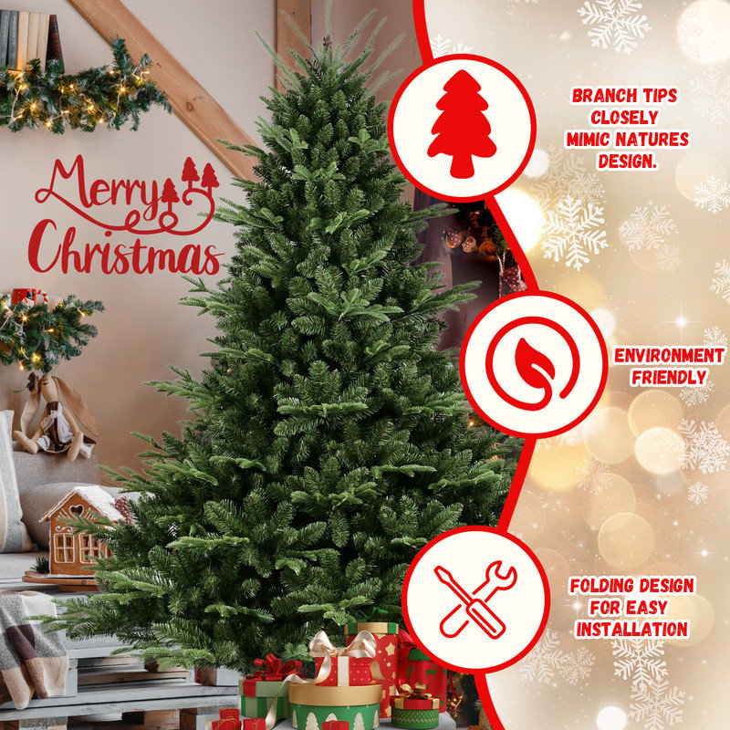 Arbre de Noël pleine forme 7,5 pi avec 2441 pointes mixtes en PE / PVC, structure à charnières et support en métal - Installation réaliste et facile
