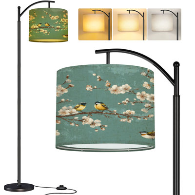  Lampe sur pied arc décorative oiseaux magnifiques fleurs vert haute lampe sur pied moderne avec abat-jour réglable en lin à 3 couleurs