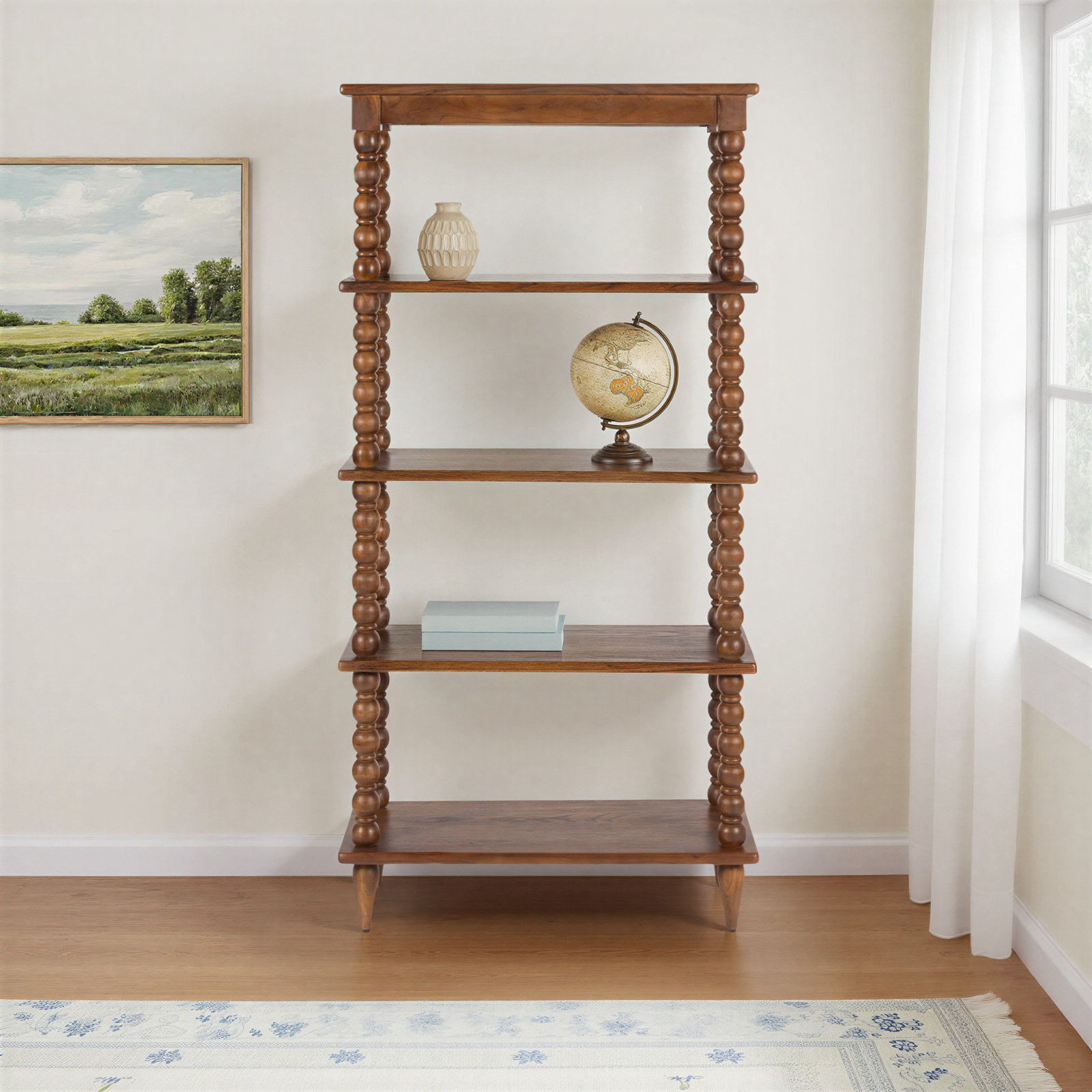 Isabel Spindle Solid Wood Tall Bookcase, Brown