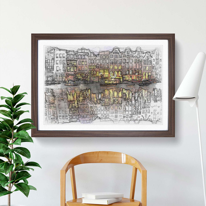 Amsterdam at Night in Abstract - Picture Frame Graphic Art Print on MDF, 36cm H x 48cm W x 2cm D, Walnut Framed