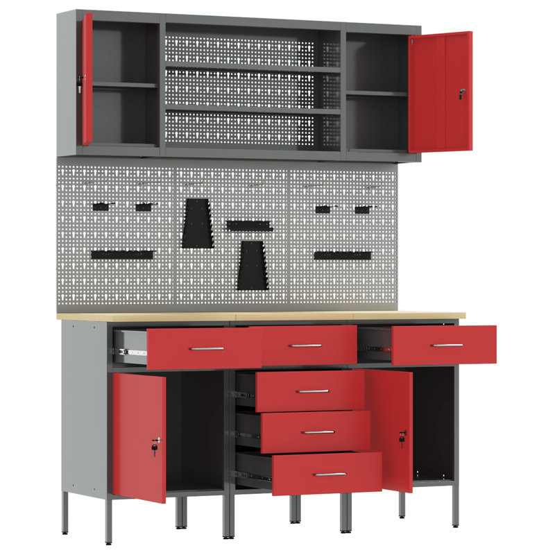 Set Of 5 Steel Large Height-Adjustable Work Cabinet, Red