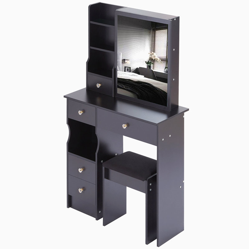 Small Left Drawer Desktop Vanity Table + Cushioned Stool, Extra Large Sliding Mirror, Multi Layer, High Capacity Storage Fashionable Dresser, Suitable For Small Space, EPA,GCC,UL Certificate