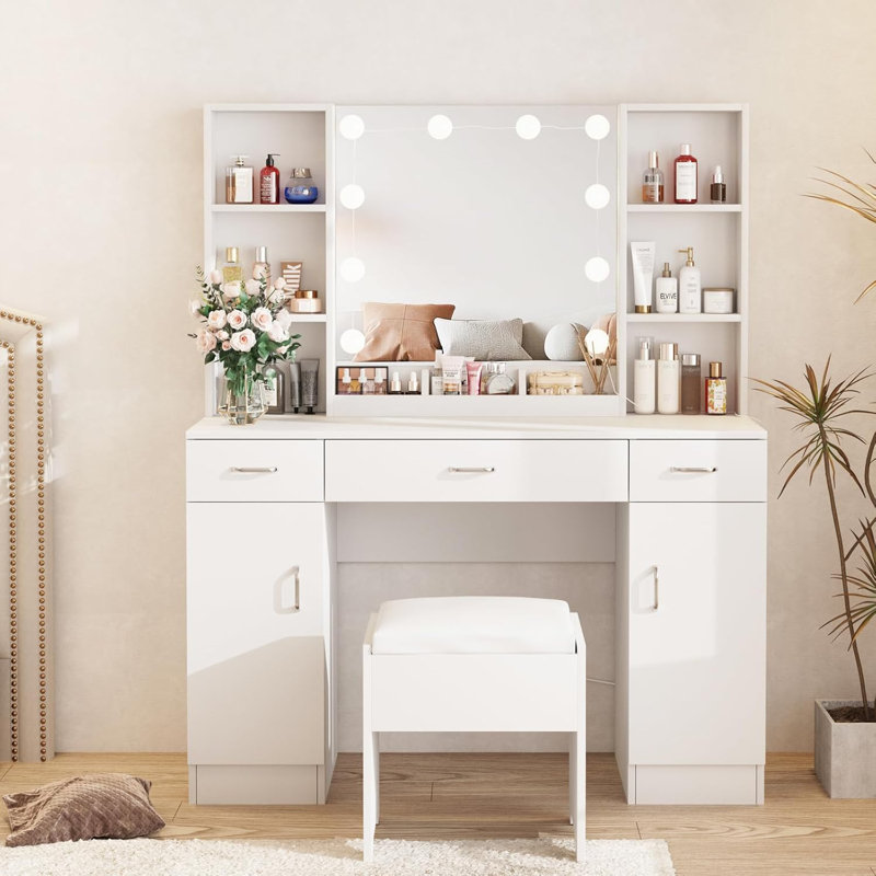 Vanity Desk With Lighted Mirror, Large Makeup Vanity Table Set With Storage Bench & Cabinets, 3 Brightness Mode, 45.2Inch (W), White