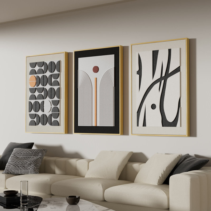 3 Piece Framed Wall Art Set, Modern Abstract Geometric Design, 24x36 Inch (Set of 3), Geometric Cubist - Sandstone Texture