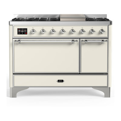 Cuisinière à double combustible de 48 pouces avec 5 brûleurs scellés, plaque chauffante et plateau français en blanc antique Majestic III Series (gaz naturel, garniture chromée)