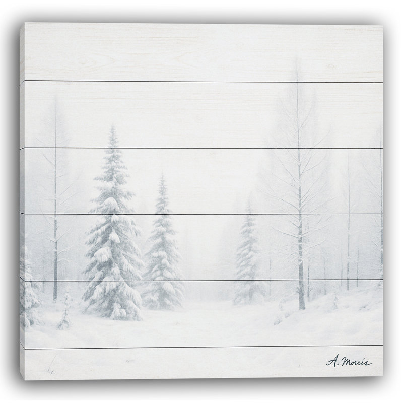 «Frosted Serenity - Snowy Trees on Wood», art mural sur toile, H 31 po x l 31 po