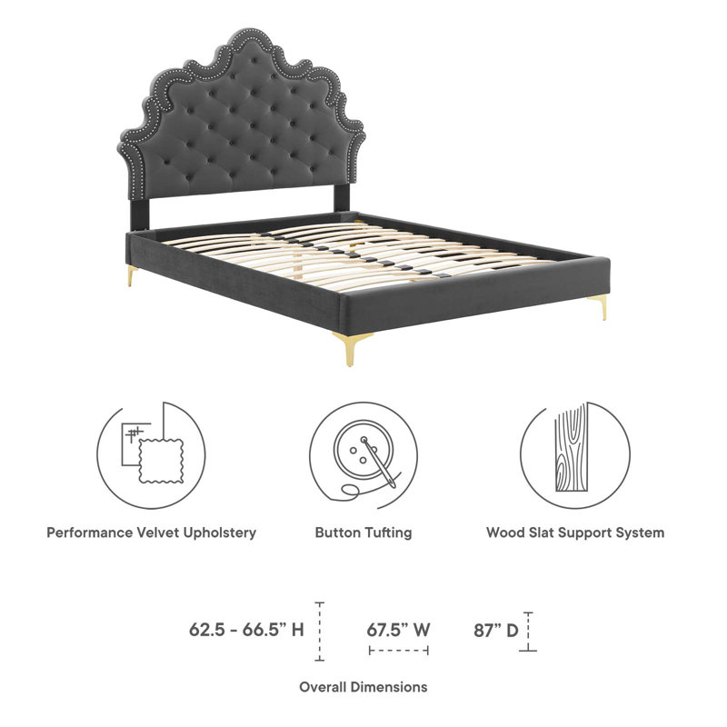 Lit performance en velours capitonné Sasha par Modway, Double, Gris anthracite