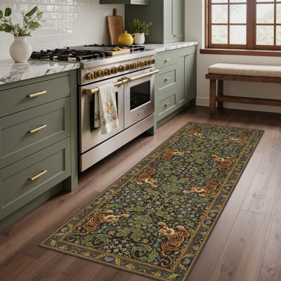 Tapis vert foncé / noir lavable à la machine Vintage avec envers antidérapant