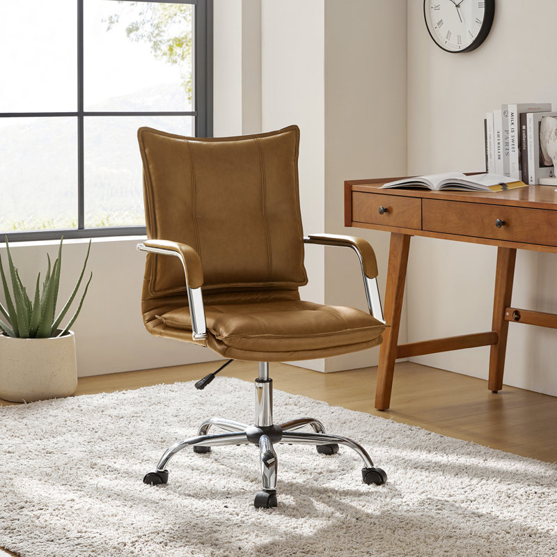 Gedrie Modern Faux Leather Swivel Office Chair, Camel, Silver