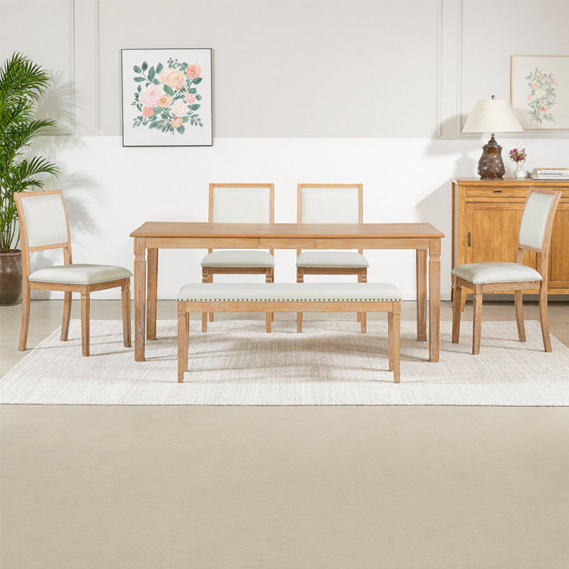 Ensemble de salle à manger extensible 59 à 72 po - 4 chaises en lin + banc, plateau en bois massif vieilli à la main et pieds sculptés. Rustic Farmhouse déclaration pour 6