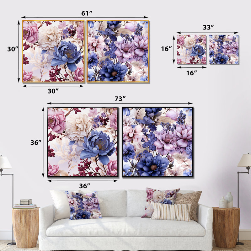 Baguenaudier - Ensemble de 2 décorations murales florales, H 36 po x l 73 po x P 1,5 po, Cadre noir