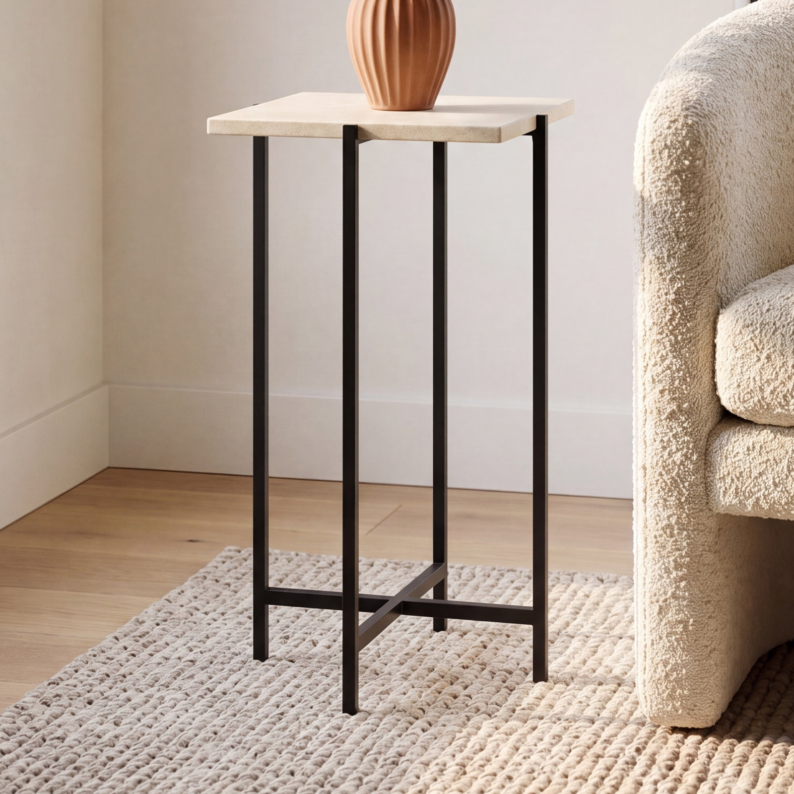 Lia 12" Genuine Marble End Table, White Marble/Black