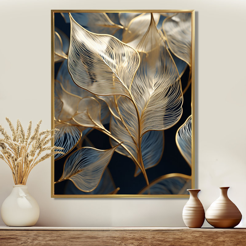 Golden Ginkgo Biloba Leaves - feuilles, impression d'art mural, Toile avec cadre flottant or, H 20 po x l 12 po x P 1 po