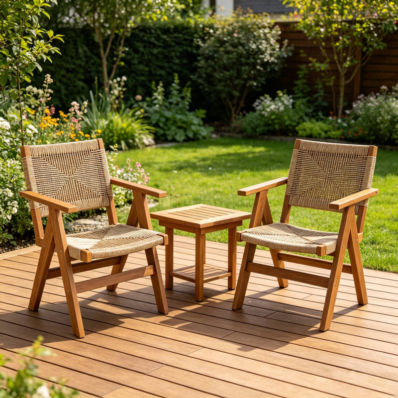 Chaises longues de patio, chaises tressées HIPS 2 pièces, salle à manger extérieure en teck rustique