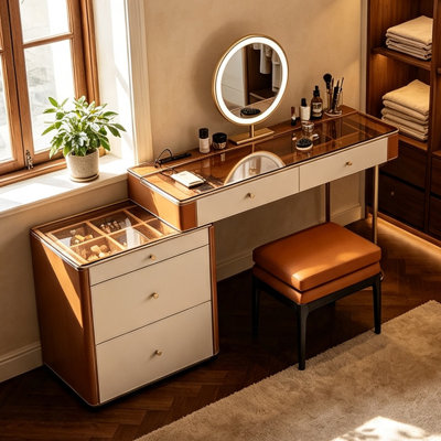Coiffeuse moderne haut de gamme, finition similicuir grainé, meuble en panneaux multicouches de bois massif, 5 tiroirs, miroir DEL ; montage très facile