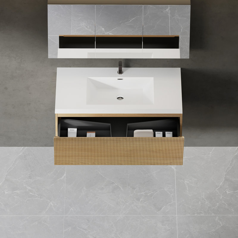 Meuble-lavabo flottant avec lavabo, 42", Blanc, Bois de chêne naturel