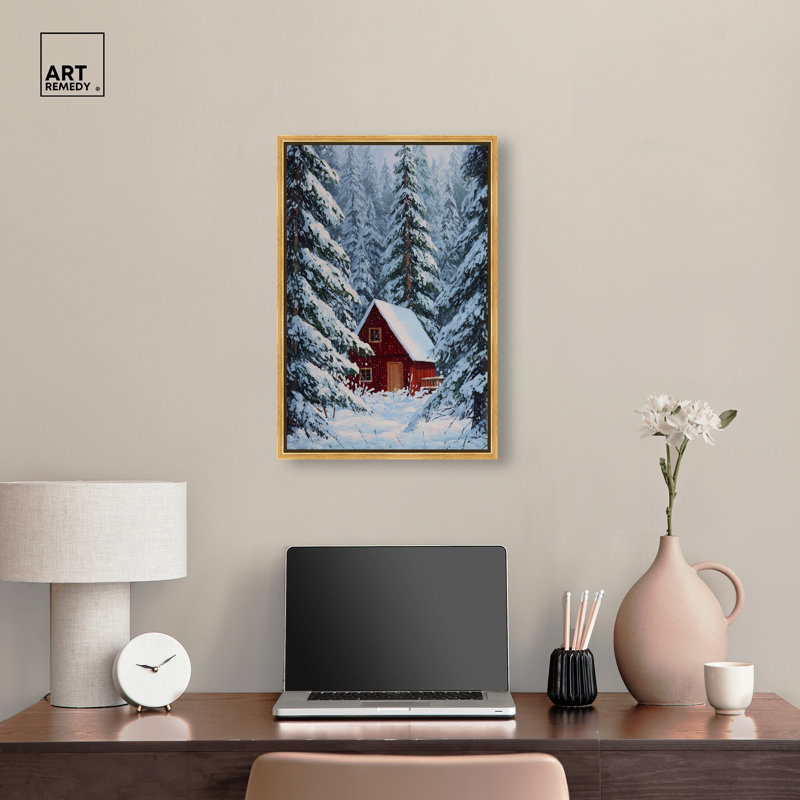 Décoration de Noël "Red Cabin in the Snow" par Art Remedy, cadre doré, 16 x 24, H 25 po x l 17 po, Cadre doré