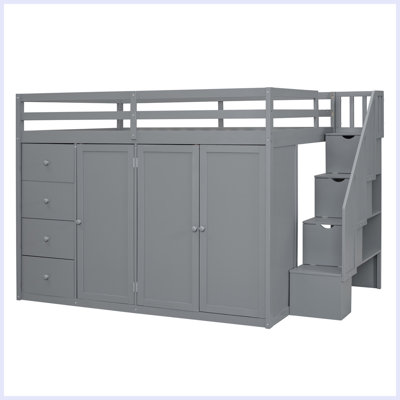 Modern Wood Loft Bed With Built-in Wardrobes, Cabinets and Drawers