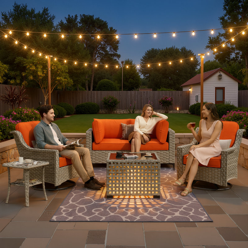Demariea Outdoor Wicker 4 Person Seating Group With Cushions With Swivel Rocking Chairs, Red