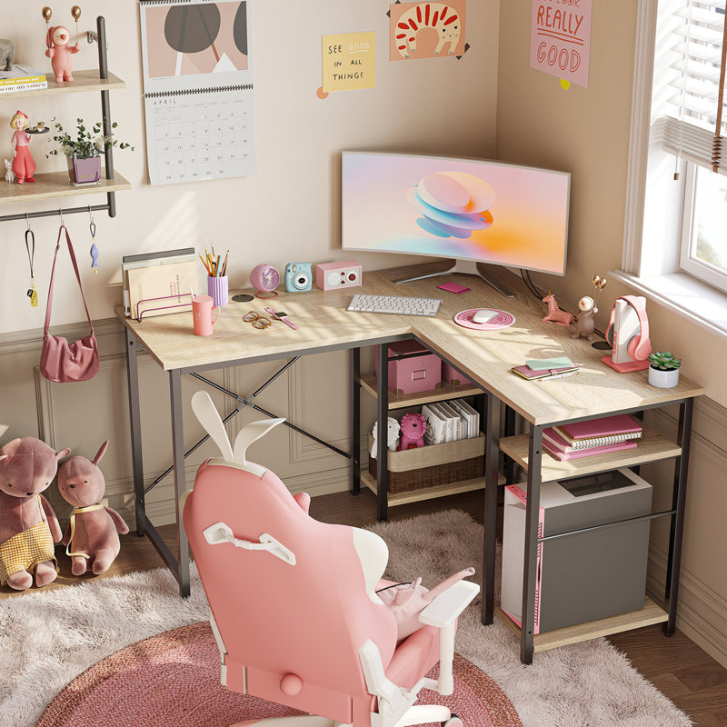 Aaleeyah L Shaped Farmhouse Computer Desk, 75 Inch Reversible Corner Office Desk with Shelves, Oak