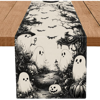 Halloween Table Runner Black Ghost Holiday Burlap Table Decoration Indoor Outdoor Home Decor Party Supply 72 Inch