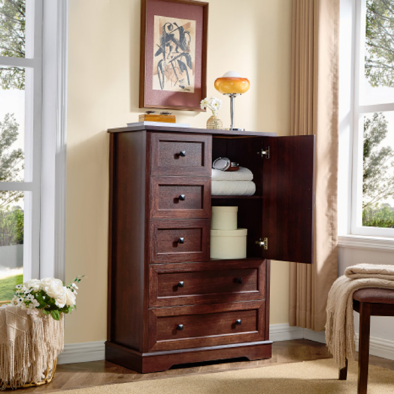 Commode 48 po pour chambre à coucher, commode de ferme avec 5 tiroirs en bois et armoire de rangement, Rouge cerise