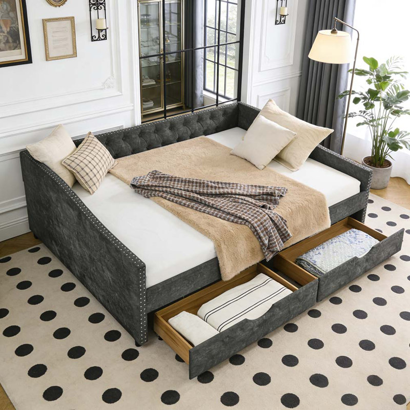 Lit de jour double avec tiroirs et canapé-lit capitonné, Complet/Double, Polyester gris