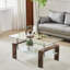 Table basse rectangulaire moderne avec plateau en verre et pieds en bois, conception à deux niveaux pour le salon, la salle d'attente ou le bureau, tablette inférieure robuste pour le rangement