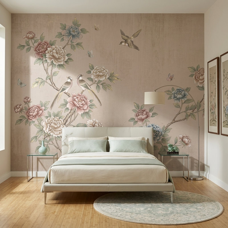 Papier peint chinois, pivoines, oiseaux, 100 po x 96 po, Peler et coller