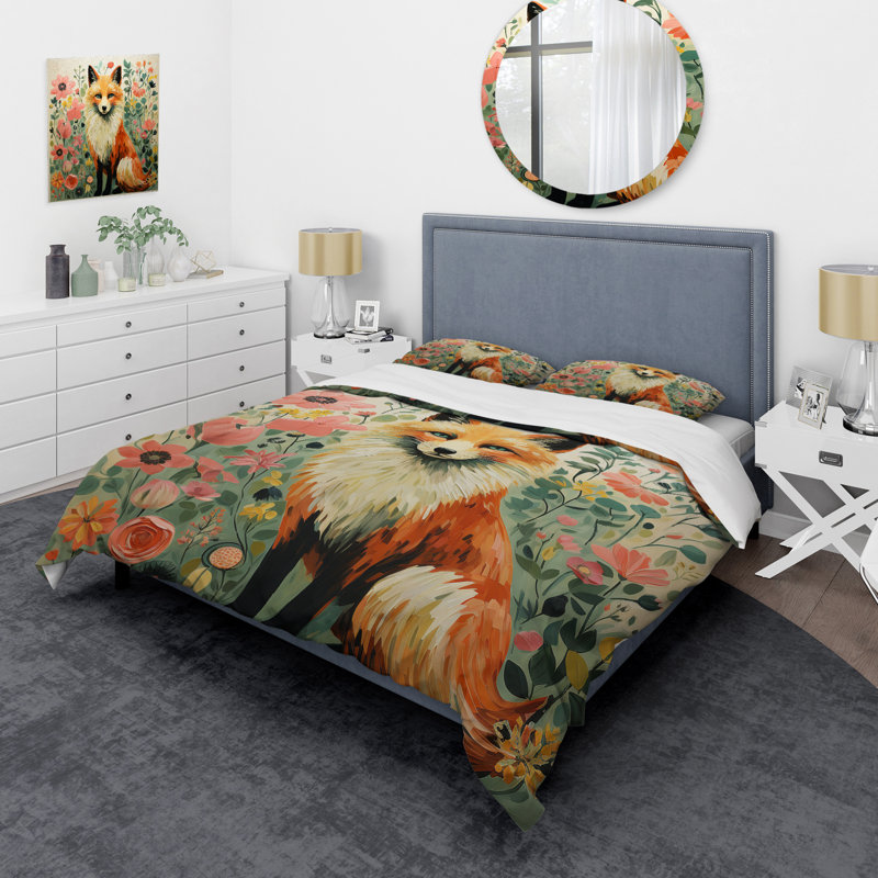 Minimalisme Fox Portrait Blooms III - Ensemble de housse de couette renard, Housse de couette simple + 1 taie décorative stan
