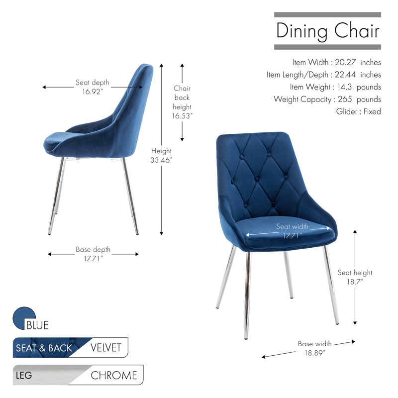 Chaise de salle à manger en velours touffetée Fabriciano, Bleu