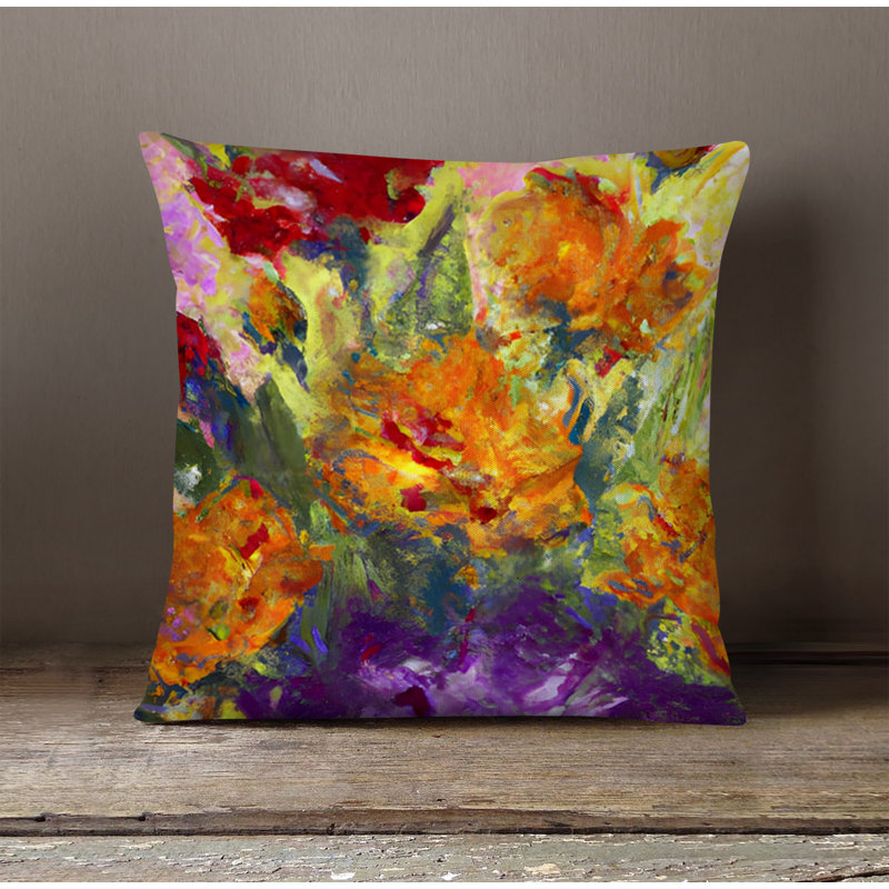 Throw Pillow With Insert, Green/Orange/Purple Floral 3, 20"H x 20"W
