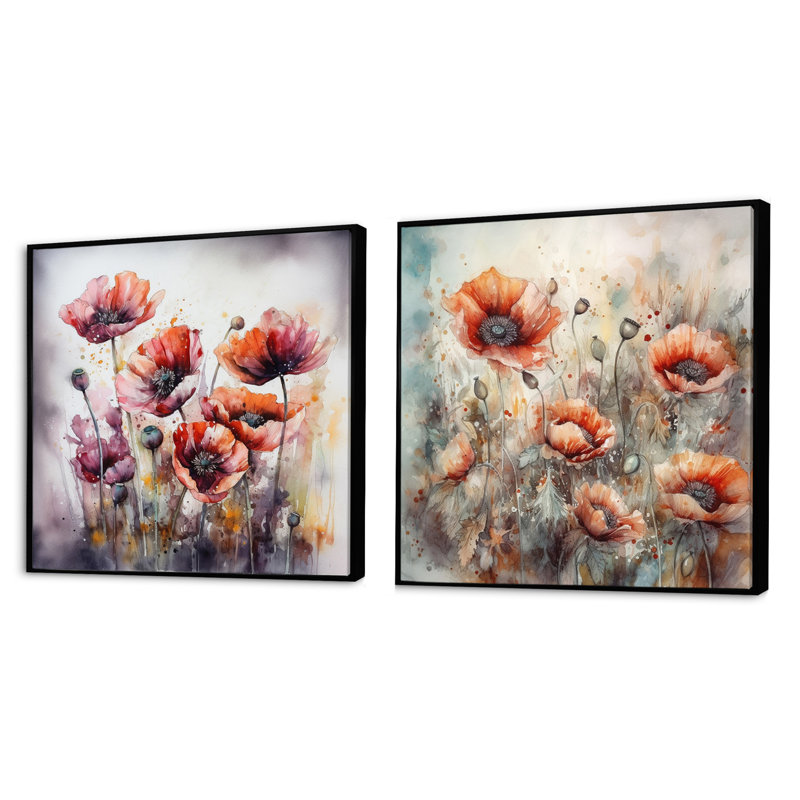 Pivoines rouges - ensemble de 2 pivoines carrées, Cadre flottant noir, H 16 po x l 33 po