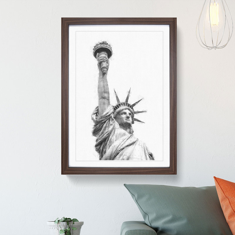 Statue Of Liberty In New York City Abstract Painting - Framed Print, 63cm H x 45cm W x 2cm D, Walnut Framed