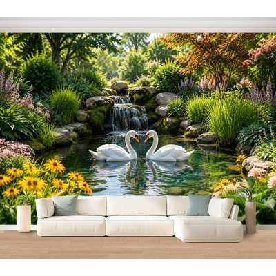 Wall Mural Peel and Stick Wallpaper Elegant Swans Garden Pond Waterfall Vibrant Flowers Self-Adhesive Removable Contact Paper Wall Decor for Living Room Bedroom 100"H x 144"W