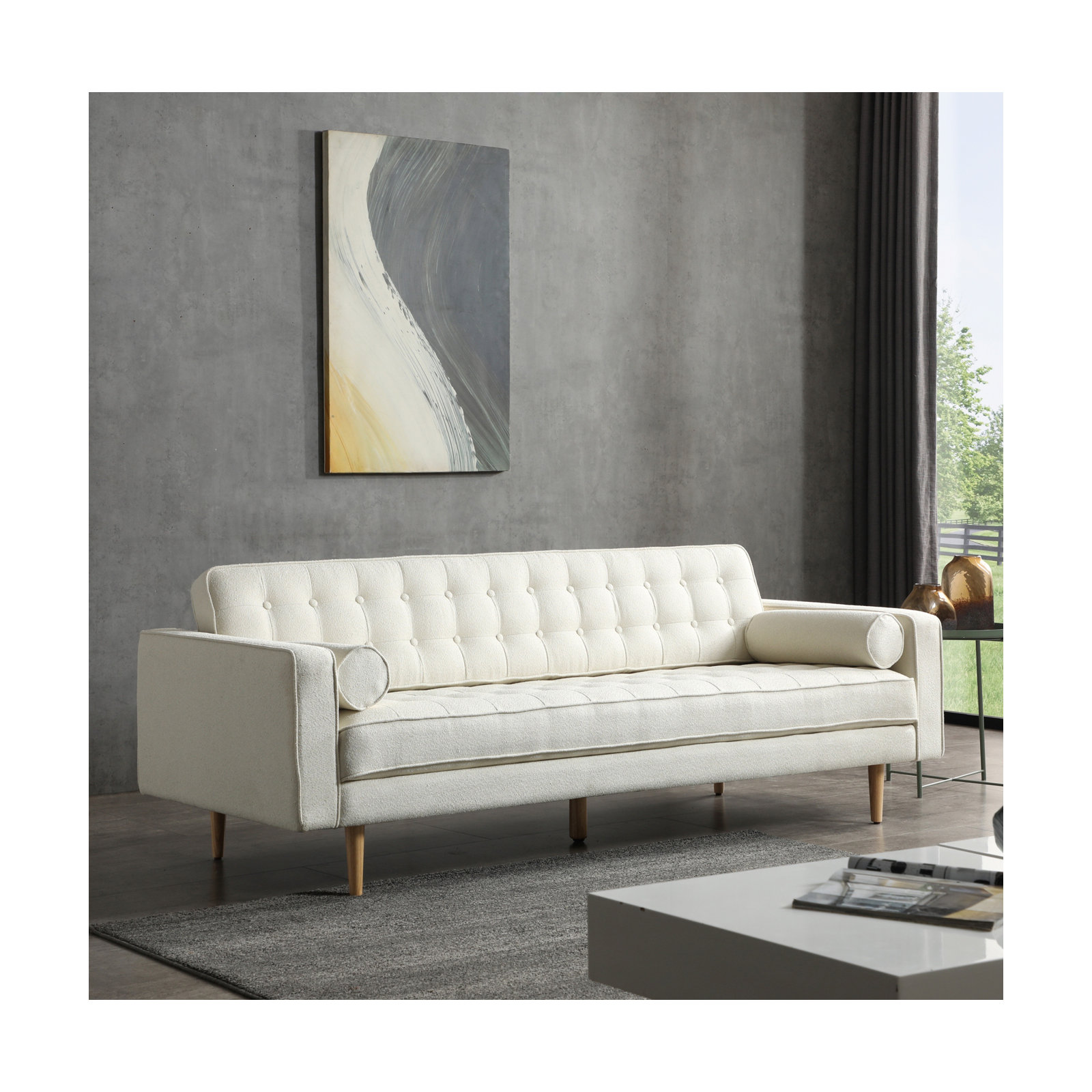 Geo 85'' Upholstered Sofa, White Boucle