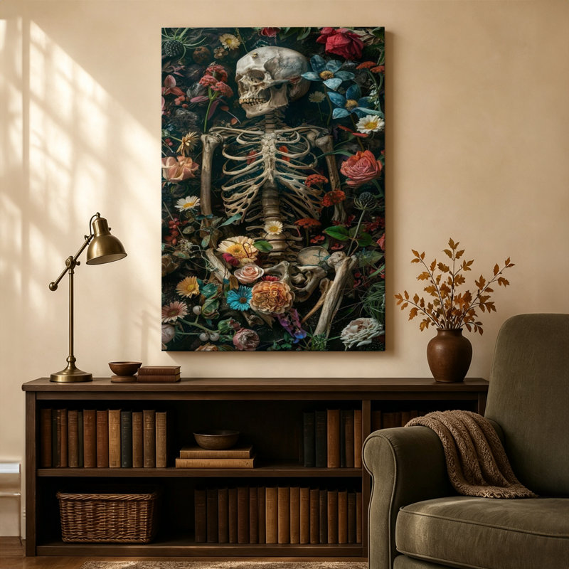 Squelette entouré de fleurs éclatantes, tableau sur toile numérique surréaliste d'Halloween, 61 cm (H) x 91 cm (L), prêt à accrocher