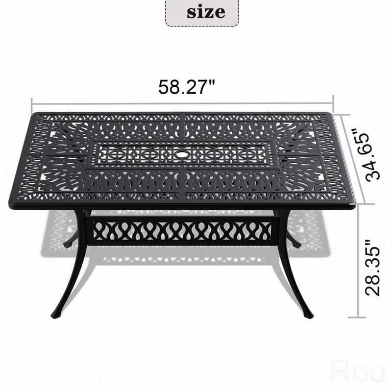 Table de salle à manger en fonte d'aluminium avec structure noire et trou pour parasol