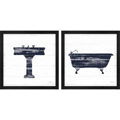 " Shiplap Bath I & II Navy " 2 Piece Art Graphic Art Print