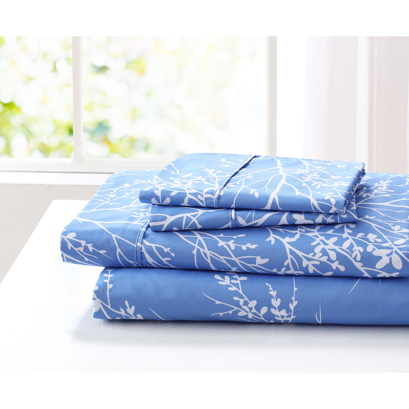 Microfiber Floral Sheet Set, Light Blue, Full Sheet Set + 1 Fitted Sheet + 2 Pillowcases
