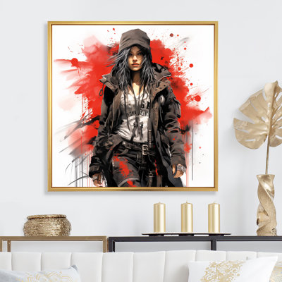 «Black and Red Punk Woman Rebellion Portrait I - Fashion Illustration, art mural